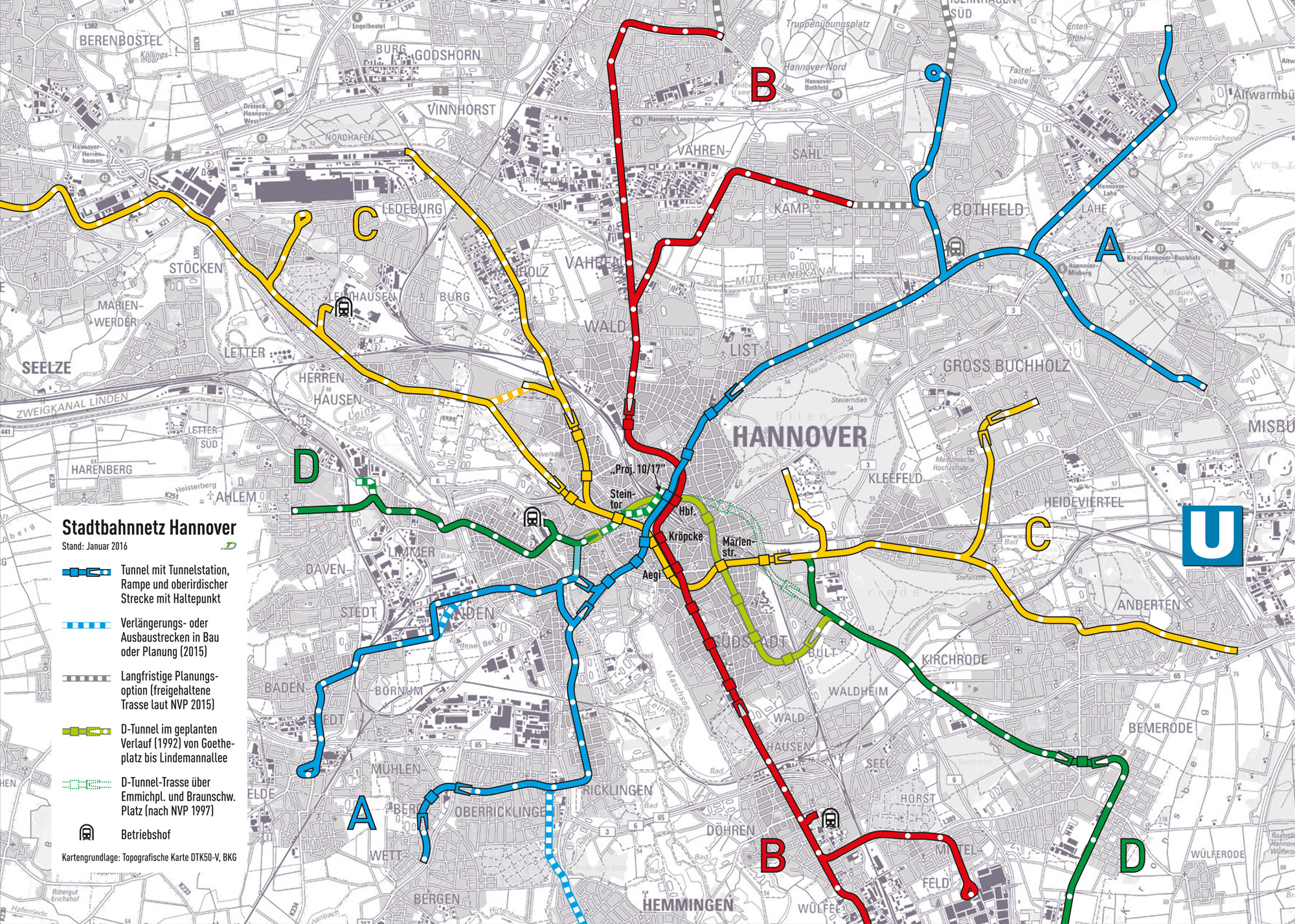Karte Stadtbahnnetz (Stand Jan. 2016) mit Ergänzungen und Planungen